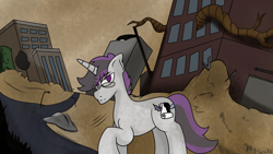 Size: 1920x1080 | Tagged: safe, artist:inky scroll, imported from derpibooru, oc, oc only, oc:inky scroll, pony, unicorn, destroyed building, glasses, looking at you, male, solo, stallion, wasteland