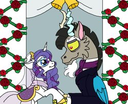 Size: 1120x908 | Tagged: safe, artist:rosefang16, imported from derpibooru, discord, rarity, draconequus, pony, unicorn, clothes, dress, female, holding hooves, male, marriage, raricord, shipping, straight, suit, wedding, wedding dress