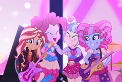 Size: 1070x719 | Tagged: safe, imported from derpibooru, screencap, kiwi lollipop, pinkie pie, sunset shimmer, supernova zap, equestria girls, equestria girls series, sunset's backstage pass!, spoiler:eqg series (season 2), cymbals, drums, electric guitar, female, guitar, happy, k-lo, music festival outfit, musical instrument, postcrush, smiling, su-z