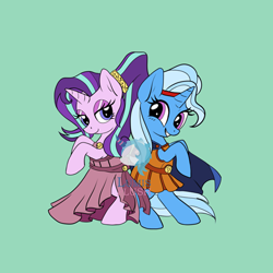 Size: 480x480 | Tagged: safe, artist:lumithekirin, imported from derpibooru, starlight glimmer, trixie, pony, unicorn, clothes, disney, dress, enamel pin, hercules, looking at each other, meg, megara, smiling