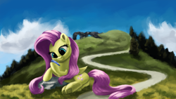 Size: 4000x2250 | Tagged: safe, artist:flusanix, imported from derpibooru, fluttershy, bird, pegasus, pony, butt, female, flutterbutt, frog (hoof), lying down, mare, on side, plot, side, solo, underhoof