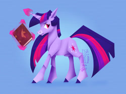 Size: 1280x960 | Tagged: safe, artist:laps-sp, imported from derpibooru, twilight sparkle, pony, unicorn, blue background, book, magic, simple background, solo, unicorn twilight