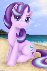 Size: 2000x3000 | Tagged: safe, artist:phis0e, imported from derpibooru, starlight glimmer, pony, unicorn, beach, female, high res, mare, smiling, smirk, solo