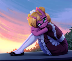 Size: 1900x1630 | Tagged: safe, artist:mrscroup, imported from derpibooru, oc, oc only, oc:bright star, anthro, unicorn, blushing, clothes, cute, dress, flats, glasses, looking at you, maid, meganekko, shoes, sitting, smiling, smiling at you, solo, stockings, sunrise, sunset, thigh highs