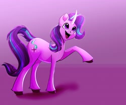Size: 4096x3413 | Tagged: safe, artist:unfinishedheckery, imported from derpibooru, starlight glimmer, pony, unicorn, butt, curved horn, horn, open mouth, raised hoof, smiling, solo