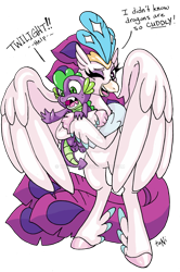 Size: 800x1206 | Tagged: safe, artist:tanichan, imported from derpibooru, queen novo, spike, classical hippogriff, dragon, hippogriff, my little pony: the movie, beak, colored pupils, crown, cute, deviantart watermark, dialogue, eyelashes, feather, female, green eyes, hape, hug, jewelry, male, novobetes, obtrusive watermark, one eye closed, open mouth, personal space invasion, purple eyes, regalia, simple background, smiling, tail, transparent background, watermark, wings, wink