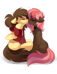 Size: 1400x1800 | Tagged: safe, artist:zlatavector, imported from derpibooru, oc, oc only, oc:retro hearts, oc:scarlet trace (coffee bean), earth pony, pegasus, pony, collar, female, kissing, lesbian, mare