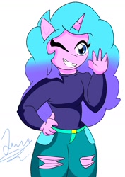 Size: 1000x1414 | Tagged: safe, artist:juanluuis8, imported from derpibooru, izzy moonbow, anthro, clothes, g5, greetings, horn, jean, one eye closed, raised arm, shirt, smiling, wink, wrong eye color