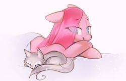 Size: 2048x1312 | Tagged: safe, artist:mirroredsea, imported from derpibooru, pinkie pie, earth pony, pony, wolf, colored pupils, cub, cute, eye clipping through hair, lidded eyes, lying down, pinkamena diane pie, sheet, simple background, sleeping, smiling, white background