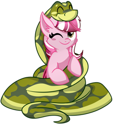 Size: 2127x2341 | Tagged: safe, artist:tigresss, imported from derpibooru, oc, oc:dusty ember, pegasus, pony, snake, blush sticker, blushing, coils, commission, cuddling, eyes closed, high res, one eye closed, smiling, wink, ych result