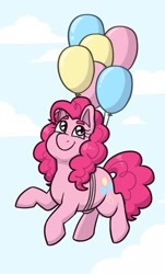 Size: 1233x2048 | Tagged: safe, artist:verikoira, imported from derpibooru, pinkie pie, earth pony, pony, balloon, cloud, cute, diapinkes, female, floating, mare, party balloon, sky, solo, then watch her balloons lift her up to the sky