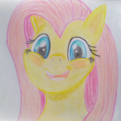 Size: 1024x1026 | Tagged: safe, artist:hofdawn, imported from derpibooru, fluttershy, pony, blushing, colored pencil drawing, cute, daaaaaaaaaaaw, esophagus, gullet, looking at you, open mouth, shyabetes, slimy, smiling, smiling at you, solo, traditional art, uvula