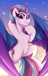 Size: 1250x2000 | Tagged: safe, artist:shadowreindeer, imported from derpibooru, zipp storm, pegasus, pony, belly, colored wings, cutie mark, female, flying, g5, looking at you, mare, multicolored wings, sky, smiling, solo, spread wings, stars, wings