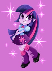 Size: 1500x2048 | Tagged: safe, artist:binco_293, imported from derpibooru, twilight sparkle, alicorn, equestria girls, beautiful, chibi, cute, grin, human coloration, looking at you, purple background, purple eyes, purple hair, purple skin, simple background, smiling, solo, sparkles, twiabetes, twilight sparkle (alicorn), woman