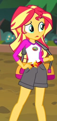 Size: 227x478 | Tagged: safe, imported from derpibooru, screencap, sunset shimmer, equestria girls, legend of everfree, clothes, cropped, denim shorts, female, hand on hip, jumper, legs, multicolored hair, shorts, solo, teal eyes, tree