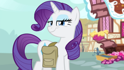 Size: 1920x1080 | Tagged: safe, imported from derpibooru, screencap, rarity, pony, unicorn, inspiration manifestation, bag, female, grin, mare, saddle bag, smiling, smug, smugity, solo