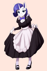 Size: 1500x2287 | Tagged: safe, artist:mrscroup, imported from derpibooru, rarity, anthro, plantigrade anthro, unicorn, bowtie, breasts, cleavage, clothes, curtsey, dress, eyeshadow, high heels, maid, makeup, nail polish, reasonably sized breasts, shoes, solo