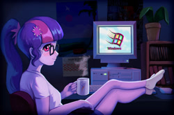 Size: 1500x996 | Tagged: safe, artist:mrscroup, imported from derpibooru, sci-twi, twilight sparkle, human, equestria girls, '90s, 1997, adorkable, bedroom, blushing, book, bookshelf, calendar, chair, clothes, computer, computer monitor, computer mouse, crt monitor, cute, cutie mark, dark, denim shorts, desk, dork, feet, feet on table, glasses, indoors, keyboard, legs, microsoft, microsoft windows, monitor, mug, multicolored hair, neon genesis evangelion, nerd, night, office, pc, plant, plant pot, ponytail, poster, purple eyes, purple skin, rainbow dash's cutie mark, reclining, sexy, shelf, shiny skin, shirt, shorts, sitting, socks, solo, steam, stocking feet, t-shirt, twiabetes, white socks, windows, windows 95