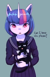 Size: 1749x2686 | Tagged: safe, artist:mrscroup, imported from derpibooru, twilight sparkle, anthro, cat, clothes, japanese school uniform, looking at you, school uniform, skirt, solo