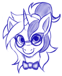 Size: 2282x2806 | Tagged: safe, artist:btbunny, imported from derpibooru, oc, oc:ambiguity, unicorn, bowtie, femboy, glasses, high res, horn, male, monochrome, two toned hair