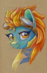 Size: 639x1000 | Tagged: safe, artist:maytee, imported from derpibooru, lightning dust, pegasus, pony, bust, clothes, colored pencil drawing, goggles, portrait, solo, traditional art, uniform, wonderbolt trainee uniform