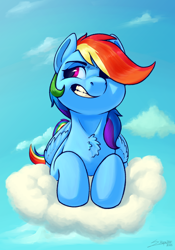 Size: 2800x4000 | Tagged: safe, artist:silverhopexiii, imported from derpibooru, imported from ponybooru, rainbow dash, pegasus, pony, chest fluff, cloud, female, gritted teeth, hair over one eye, high res, lying down, mare, on a cloud, prone, sassy, sky, smug, solo