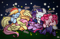 Size: 2848x1864 | Tagged: safe, artist:lou, imported from derpibooru, applejack, fluttershy, pinkie pie, rainbow dash, rarity, twilight sparkle, alicorn, earth pony, pony, unicorn, cuddle puddle, cuddling, cute, dork, eyes closed, female, hatless, high res, lidded eyes, mane six, mare, missing accessory, onomatopoeia, pony pile, sleeping, smiling, sound effects, twilight sparkle (alicorn), zzz