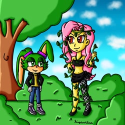 Size: 600x600 | Tagged: safe, artist:ninpeachlover, imported from derpibooru, fluttershy, oc, oc:envy the rabbit, human, equestria girls, ponies of dark water, barely eqg related, bush, clothes, corrupted fluttershy, crossover, dark fluttershy, dark theme, leaves, poison ivyshy, red eyes, sonic the hedgehog (series), tree, vine