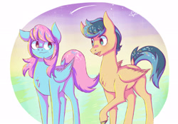 Size: 5905x4133 | Tagged: safe, artist:livzkat, imported from derpibooru, oc, oc only, oc:dipper, oc:walshy, pegasus, pony, chest fluff, grass, sunset