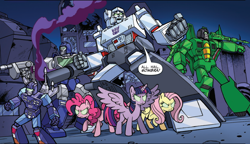 Size: 788x455 | Tagged: safe, artist:jack lawrence, idw, imported from derpibooru, fluttershy, pinkie pie, twilight sparkle, alicorn, earth pony, pegasus, pony, robot, spoiler:comic, spoiler:friendship in disguise, acid storm, cybertron, cybertronian, dark magic, decepticon, female, frenzy, glowing eyes, implied king sombra, magic, male, mare, megatron, mind control, reflector, sombrafied, the magic of cybertron, transformers, twilight sparkle (alicorn)