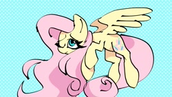 Size: 2048x1152 | Tagged: safe, artist:wutanimations, imported from derpibooru, fluttershy, pegasus, pony, flying, one eye closed, pattern, simple background, solo