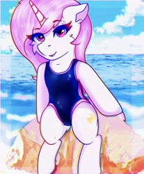 Size: 2860x3458 | Tagged: safe, artist:legionsunite, imported from derpibooru, fleur-de-lis, pony, unicorn, beach, chromatic aberration, clothes, female, high res, one-piece swimsuit, rock, swimsuit