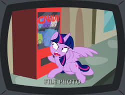 Size: 2584x1975 | Tagged: safe, artist:badumsquish, derpibooru exclusive, imported from derpibooru, twilight sparkle, alicorn, pony, angry, candy, caption, crt tv, female, file photo, food, glare, high res, lying down, majestic as fuck, open mouth, prone, purple smart, reaching, show accurate, simpsons did it, solo, spread wings, squishy cheeks, street, television, text, the simpsons, twilight sparkle (alicorn), vending machine, window, wings, written equestrian, yelling