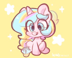 Size: 1280x1024 | Tagged: safe, artist:colorfulcolor233, artist:oofycolorful, imported from derpibooru, oc, oc only, oc:oofy colorful, pony, candle, chest fluff, chibi, cupcake, food, licking, licking lips, smiling, solo, tongue out