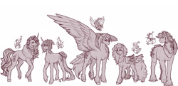 Size: 2190x1057 | Tagged: safe, artist:kimyowolf, imported from derpibooru, applejack, fluttershy, pinkie pie, rainbow dash, rarity, pegasus, pony, alternate cutie mark, monochrome, pegasus pinkie pie, race swap, tail feathers, unicorn fluttershy