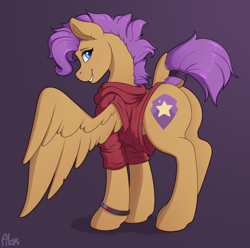 Size: 2648x2625 | Tagged: safe, artist:ailoy4, imported from derpibooru, oc, oc only, oc:bulwark, pegasus, pony, butt, clothes, female, high res, hoodie, looking at you, looking back, looking back at you, pegasus oc, plot, raised tail, rule 63, smiling, solo, spread wings, standing, tail, wings