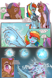 Size: 960x1440 | Tagged: safe, artist:cold-blooded-twilight, imported from derpibooru, rainbow dash, twilight sparkle, pegasus, pony, semi-anthro, unicorn, cold blooded twilight, comic:cold storm, bipedal, blushing, chest fluff, clothes, comic, condensation, dialogue, female, holding, holding hooves, laughing, leggings, lesbian, looking at each other, magic, mud, mud mask, one eye closed, one eye covered, pegasus magic, shipping, smiling, socks, speech bubble, splashing, spread wings, stockings, thigh highs, twidash, unicorn twilight, wet, wings, wink