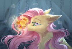 Size: 1280x864 | Tagged: safe, artist:justkattyo, artist:muna, imported from derpibooru, fluttershy, fish, goldfish, pegasus, pony, bubble, bust, chains, chest fluff, crying, ear fluff, female, floppy ears, flowing mane, lidded eyes, looking at something, mare, melancholy, profile, solo, teary eyes, underwater, watershy, wings