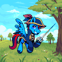 Size: 900x900 | Tagged: safe, artist:hikkage, imported from derpibooru, oc, oc only, oc:andrew swiftwing, oc:swift sail, pegasus, pony, animated, clothes, coat, feather, flying, gif, grass, grin, hat, horn, male, multiple horns, pixel art, rapier, sailor, smiling, solo, stallion, swashbuckler, sword, tree, tricorn, tricorne, weapon, wings