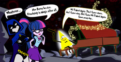 Size: 3631x1875 | Tagged: safe, artist:dan232323, imported from derpibooru, sci-twi, twilight sparkle, human, equestria girls, bill cipher, crossover, female, gravity falls, high res, music, musical instrument, piano, raven (dc comics), raven (teen titans), singing, tara strong, teen titans, voice actor joke