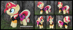 Size: 4215x1754 | Tagged: safe, artist:peruserofpieces, imported from derpibooru, sunset shimmer, pony, unicorn, equestria girls, clothes, equestria girls outfit, equestria girls ponified, female, high res, irl, looking at you, mare, photo, plushie, ponified, shirt, skirt, smiling, smiling at you, standing, tree, vest