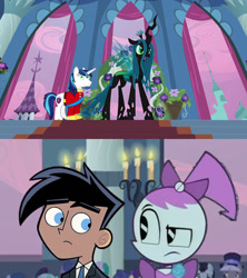 Size: 1280x1440 | Tagged: safe, edit, edited screencap, imported from derpibooru, screencap, queen chrysalis, shining armor, changeling, changeling queen, human, pony, a canterlot wedding, confused, crossover, crowd, danny fenton, danny phantom, female, green eyes, hypnosis, hypnotized, jenny wakeman, looking at each other, my life as a teenage robot, reaction