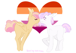 Size: 1280x896 | Tagged: safe, artist:katelynleeann42, imported from derpibooru, oc, oc only, oc:careless whisper, oc:morning dewdrop, earth pony, pegasus, pony, boop, female, lesbian, lesbian pride flag, mare, noseboop, pride, pride flag