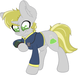 Size: 3402x3306 | Tagged: safe, artist:beigedraws, imported from derpibooru, oc, oc only, pony, unicorn, fallout equestria, clothes, fallout, high res, jumpsuit, pipboy, pipbuck, simple background, solo, transparent background, vault suit