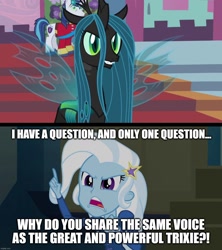 Size: 1280x1439 | Tagged: safe, edit, edited screencap, imported from derpibooru, screencap, queen chrysalis, trixie, a canterlot wedding, equestria girls, rainbow rocks, caption, image macro, kathleen barr, meme, text, trixie yells at everything, voice actor joke