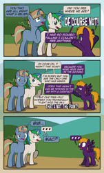 Size: 1920x3169 | Tagged: safe, artist:alexdti, imported from derpibooru, oc, oc only, oc:ale, oc:brainstorm (alexdti), oc:marco, oc:purple creativity, oc:star logic, oc:umberto, pegasus, pony, unicorn, comic:quest for friendship, ..., angry, blue eyes, comic, dialogue, female, green eyes, high res, hoof on chest, hooves, horn, implied big macintosh, looking at each other, looking at someone, looking up, male, mare, misspelling, one ear down, open mouth, outdoors, pegasus oc, raised hoof, shadow, shrunken pupils, speech bubble, spread wings, stallion, standing, tail, trio, two toned mane, two toned tail, unicorn oc, wings, yelling