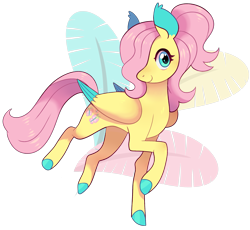 Size: 2205x2032 | Tagged: safe, artist:catbun-yt, imported from derpibooru, fluttershy, pegasus, pony, alternate hairstyle, blushing, colored ears, colored hooves, colored wings, colored wingtips, female, folded wings, hair over one eye, head turned, high res, looking at you, mare, ponytail, raised hoof, simple background, smiling, solo, transparent background, turned head, wings