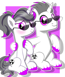 Size: 5300x6300 | Tagged: safe, artist:chip16, imported from derpibooru, oc, oc only, oc:haze rad, oc:hazel radiate, pony, unicorn, absurd resolution, aviator glasses, aviator sunglasses, base used, biohazard, blushing, bow, colored background, colored hooves, commission, commissioner:biohazard, duo, female, highlights, hoof on chest, horn, looking at you, male, mare, ponytail, radiation sign, rule 63, self ponidox, simple background, simple shading, sitting, smiling, stallion, sunglasses, tail bow, unicorn oc, unshorn fetlocks, ych result