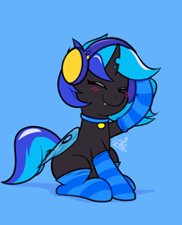 Size: 1710x2106 | Tagged: safe, artist:lilpinkghost, imported from derpibooru, oc, oc only, oc:♪, changeling, blue changeling, blushing, clothes, collar, commission, eyes closed, headphones, sitting, socks, solo, striped socks