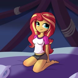 Size: 3795x3795 | Tagged: safe, artist:tjpones, imported from derpibooru, sunset shimmer, equestria girls, barefoot, bed, breasts, busty sunset shimmer, camp everfree outfits, feet, female, high res, kneeling, smiling, solo